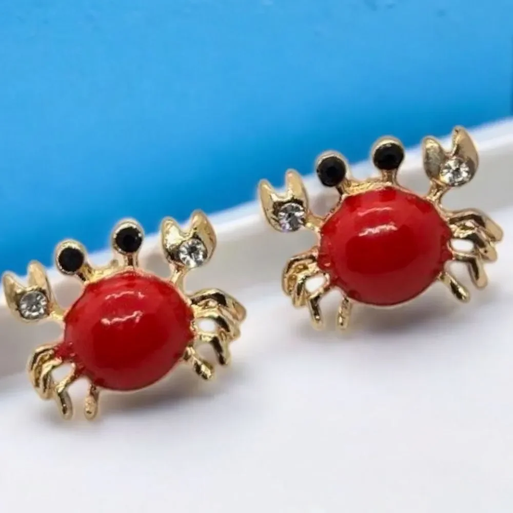 Crab Earrings Red Gold Rhinestone Stud Nautical Coastal Cute Vacation Jewelry